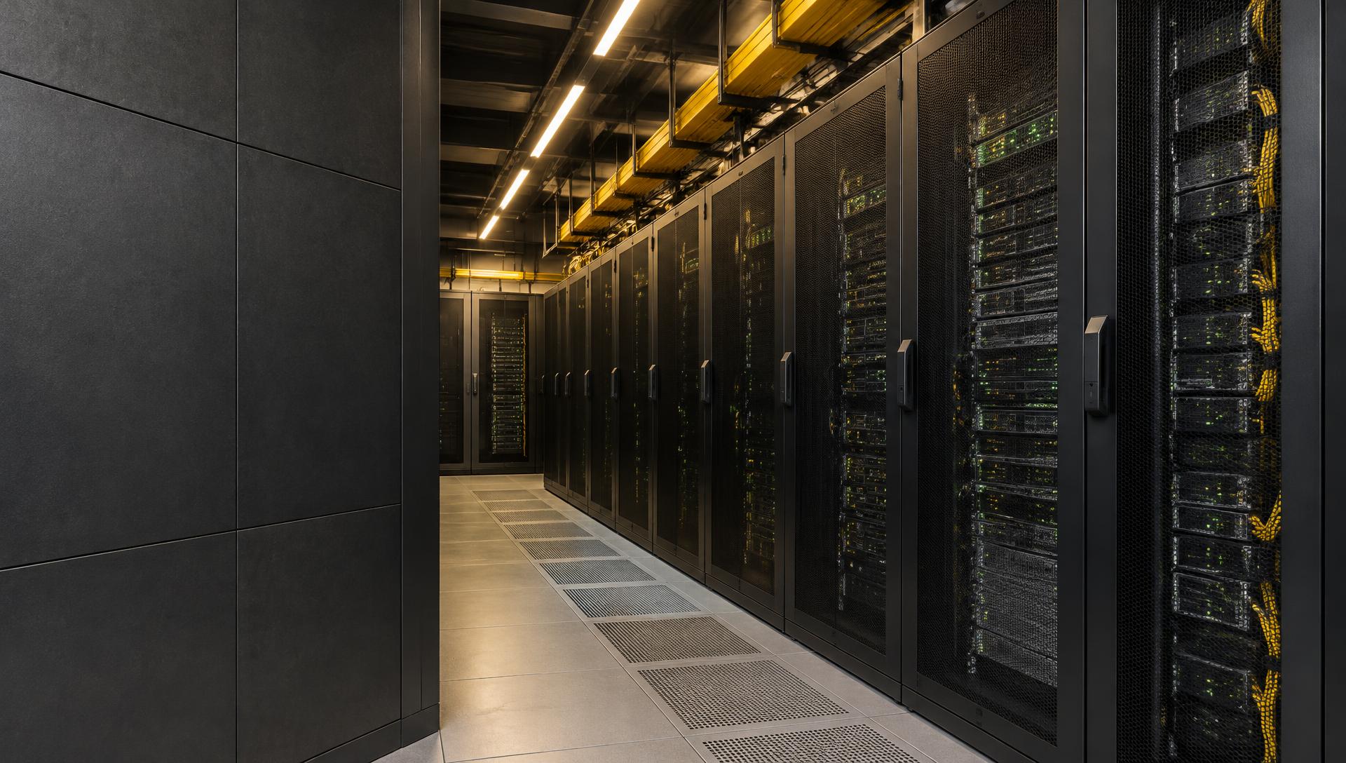 Infrastruttura cloud: corridoio con server e impianti di un data center
